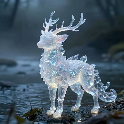 Glowing, illuminated, crystal-like deer sculpture with antlers and spines, standing on a wet, dark forest floor at night.