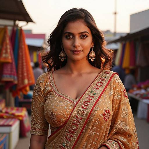 Photograph of a beautiful Indian woman with medium brown skin, dark wavy hair, wearing an ornate gold and red traditional saree, standing in