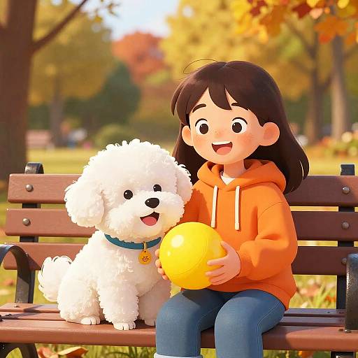 CGI image of a smiling anime-style girl in an orange hoodie and blue jeans sitting on a bench with a fluffy white dog holding a yellow ball in