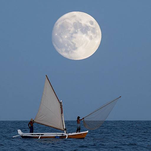 Photograph of two people sailing a small boat with white sails on a calm ocean under a bright, full moon in a clear blue sky.