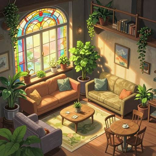 Bright, sunlit living room with colorful stained glass window, potted plants, two sofas, wooden table, chairs, and cozy, warm ambiance.