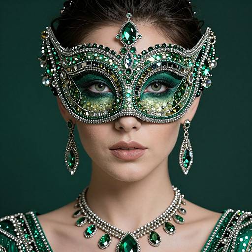 Photograph of a woman with fair skin and dark hair, wearing an ornate green and silver masquerade mask, matching earrings, and necklace,