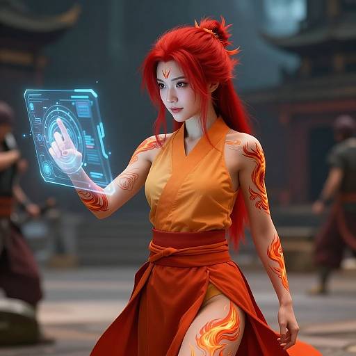 Digital art of a red-haired woman with fiery tattoos, wearing an orange kimono, holding a glowing, holographic orb in a mystical, ancient Asian