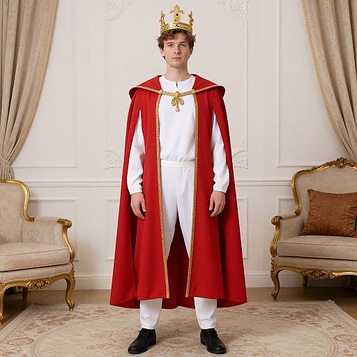 Young man in white outfit and red royal cape with gold trim, wearing a gold crown, standing in elegant room.