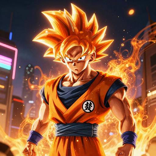 Fierce Goku Power-Up in Futuristic City