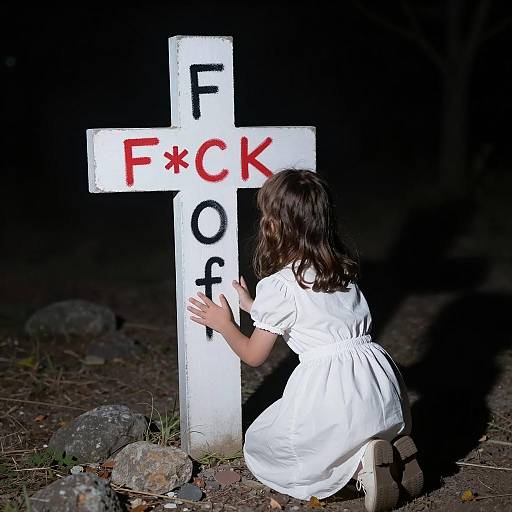 Child Kneeling Before Graffiti Cross