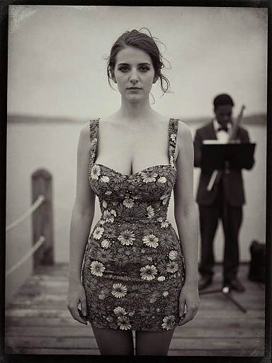 Black-and-white photograph of a woman with dark hair in a floral, form-fitting dress, standing on a wooden dock, with a blurred photographer in