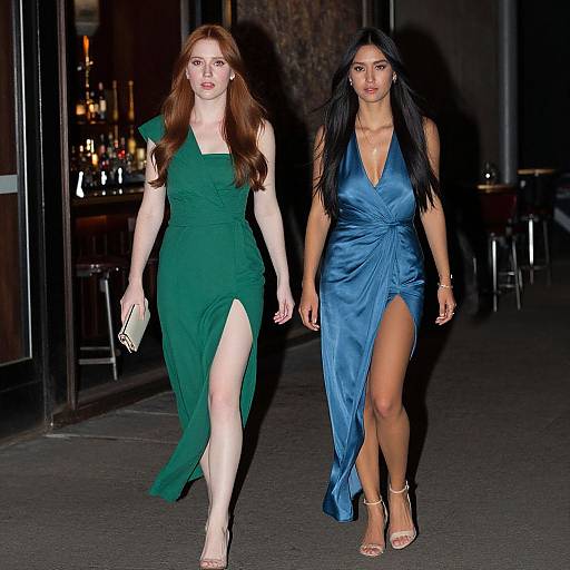 Photograph of two women walking at night; red-haired woman in green dress with thigh-high slit, holding clutch; dark-haired woman in blue dress with
