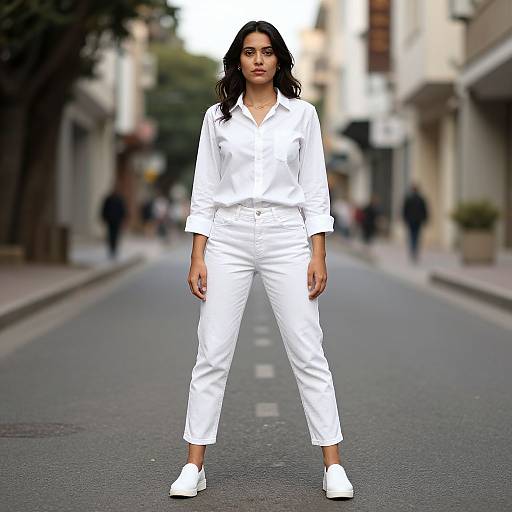 Photograph of a young woman with medium skin tone and dark wavy hair, wearing a white button-up shirt and pants, white sneakers, standing confidently