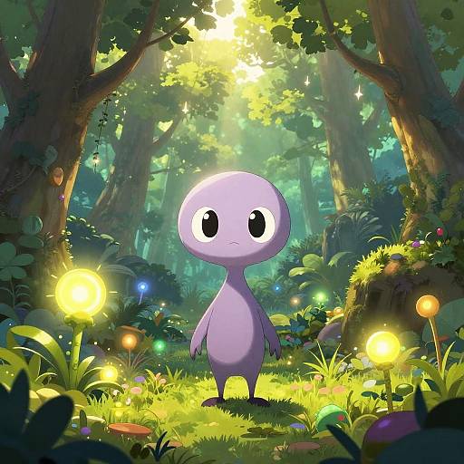 Cartoonish, purple, alien-like creature with large eyes standing in a magical, sunlit forest, surrounded by glowing, colorful mushrooms. Digital art