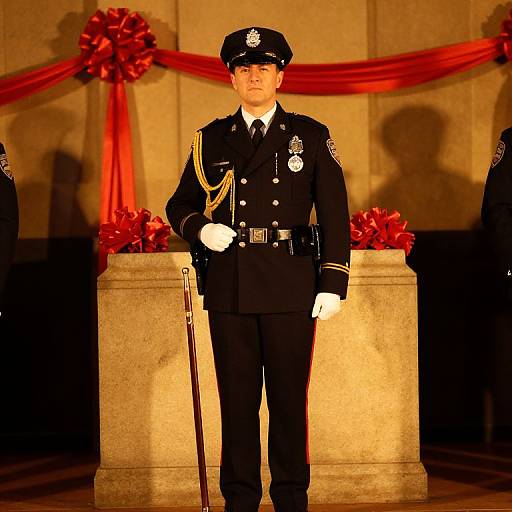 Photograph of a young male police officer in black uniform with white gloves, standing in front of a stone pedestal adorned with red ribbons, against a