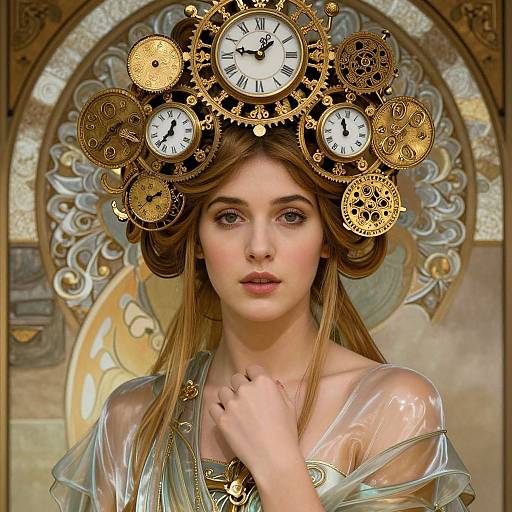 Digital art of a beautiful young woman with long brown hair, wearing a golden clockwork headdress, translucent dress, and gold necklace, against an orn