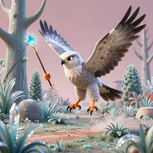 Digital art: A majestic, white and brown owl with outstretched wings hovers mid-flight, holding a glowing blue staff in a whimsical,