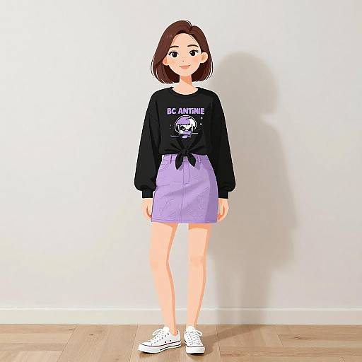 Digital illustration of a young woman with short brown hair, wearing a black 