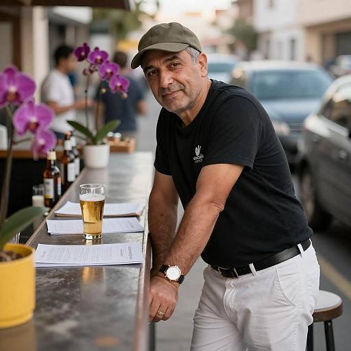 Middle-Aged Man at Bar with Beer