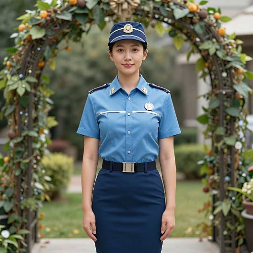 Photograph of an Asian woman in a light blue police uniform with navy skirt, cap, standing in front of a leafy archway.