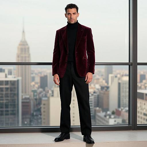 Photograph of a serious man with short dark hair, wearing a black turtleneck, burgundy velvet blazer, and black pants, standing in