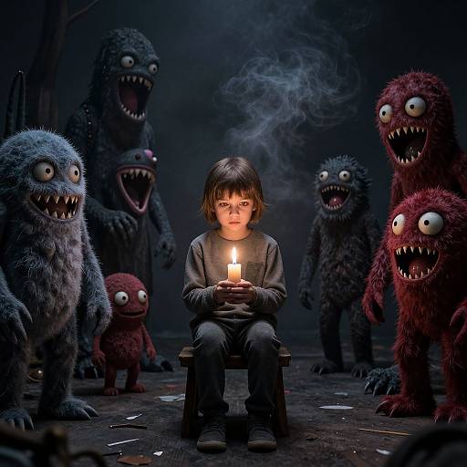 Photorealistic CGI: Scared boy with bobbed hair, holding lit candle, crouches in dark forest, surrounded by menacing, furry,