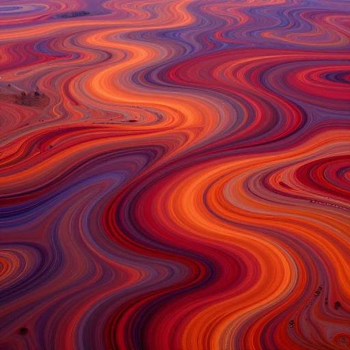 Abstract photograph of swirling, wavy patterns in vibrant red, orange, and purple hues, creating a mesmerizing, fluid, marbled texture.