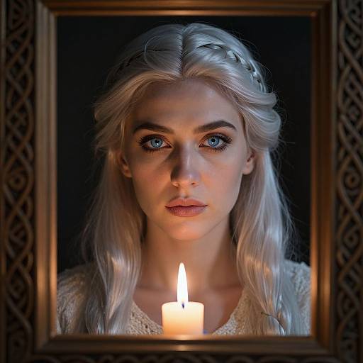 Photorealistic digital portrait of a pale-skinned, blue-eyed woman with platinum blonde hair, illuminated by a candle, framed by a decorative golden border