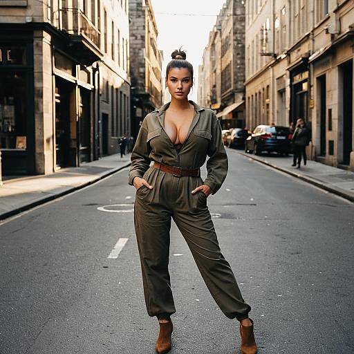 Woman in Khaki Utility Jumpsuit on City Street