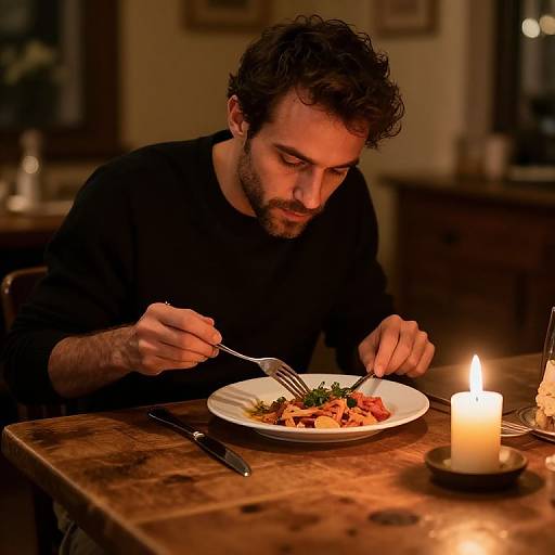 Photograph of a bearded man with curly hair, wearing a black shirt, eating a plated meal by candlelight in a dimly lit, rustic