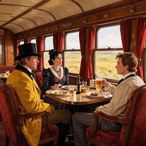 Victorian-era photograph of three people in a luxurious train dining car, wearing period attire, seated at a table with drinks and food, overlooking a sun