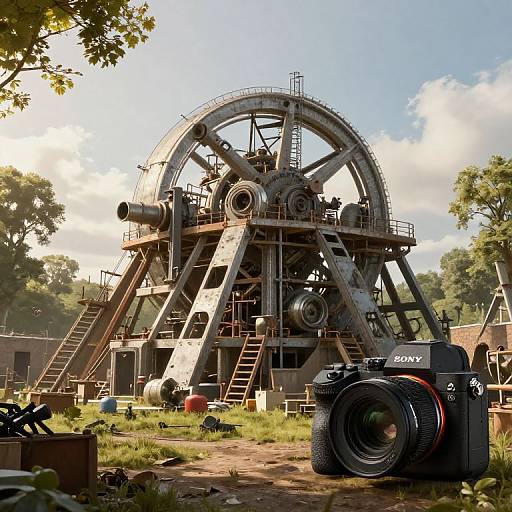 Photorealistic CGI: Industrial oil rig with large, rusted wheel, ladder, Sony camera with lens on ground, scattered tools, sunny day,