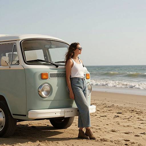 Photograph of a woman with wavy brown hair, wearing a white tank top, high-waisted blue jeans, and brown boots, leaning against