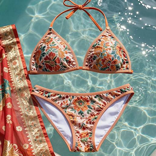 Photograph of a floral-patterned bikini top and bottom with orange trim, lying on a red, gold-embroidered sarong, against a
