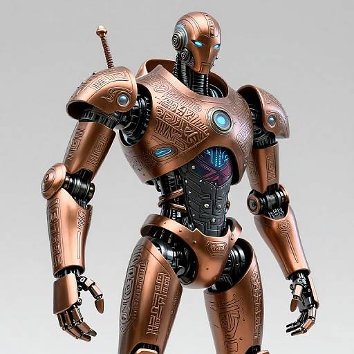 Photorealistic CGI of a muscular, copper-colored, robotic humanoid with glowing blue eyes and intricate circuit patterns, standing against a white gradient background.