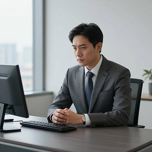 Photograph of a serious Asian man in a gray suit, white shirt, and blue tie, sitting at a desk, working on a computer. Bright