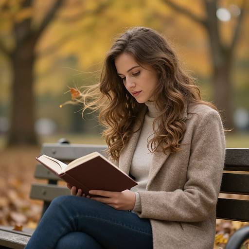 Woman Reading on Autumn Park Bench