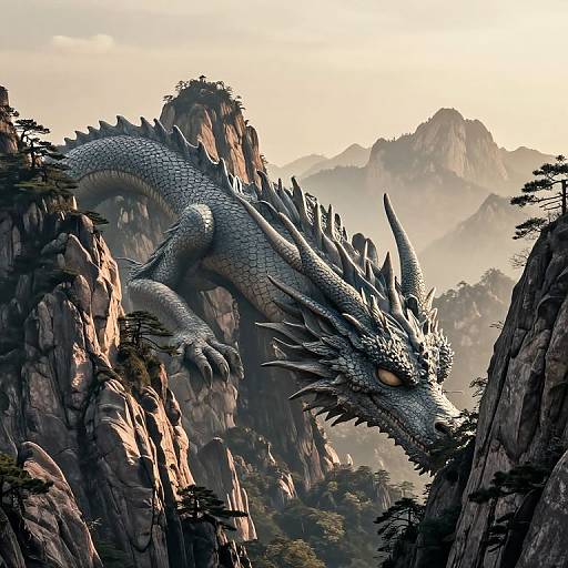 Digital art of a fierce, silver-scaled dragon with sharp spines, glowing yellow eyes, navigating rocky, misty mountain terrain at sunset.