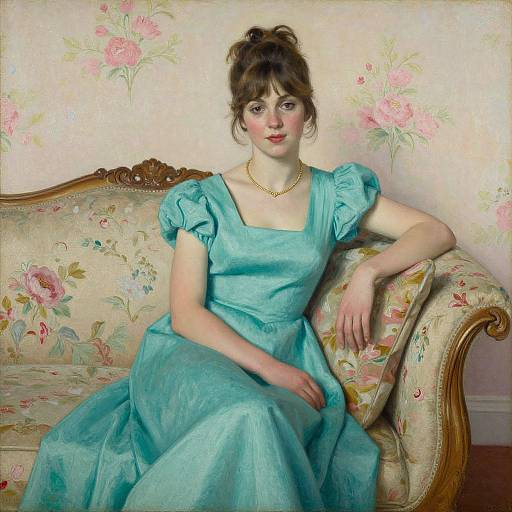 Victorian-style painting of a fair-skinned woman with brown hair in an updo, wearing a turquoise dress, gold necklace, and sitting on a