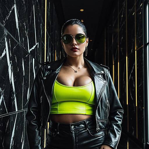 Woman in Neon Green Top and Black Leather Jacket