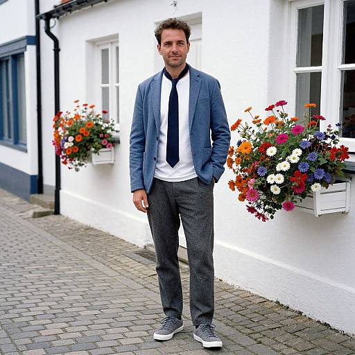 Stylish Man in Quaint Cobblestone Street