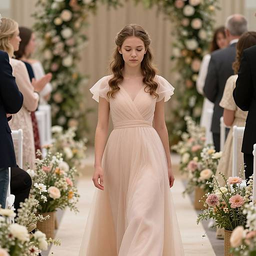 Photograph of a young woman with long brown hair in a white, V-neck, short-sleeved gown, walking down a flower-decorated