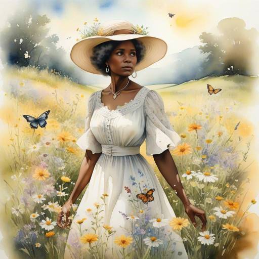 Woman in White Dress and Hat in Flower Field