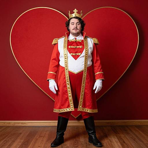 Photograph of a man with curly hair, beard, wearing a red and gold king's outfit, white gloves, crown, standing in front of a