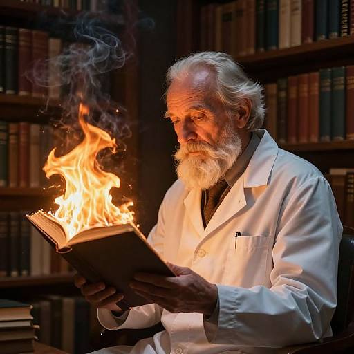 Photograph of an elderly white man with a white beard and lab coat, holding a book with flames emerging from it, standing in a dimly lit