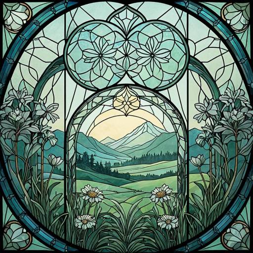Stained Glass Window with Mountain Meadow Scene