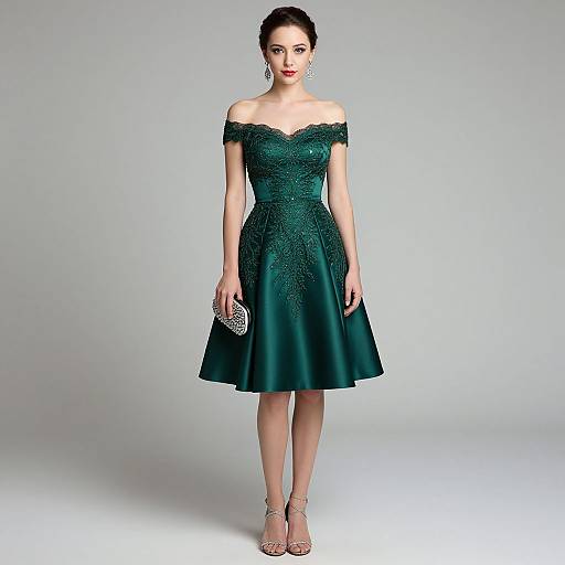 Photograph of a fair-skinned woman with dark hair in an off-shoulder, emerald green, lace-embellished, knee-length