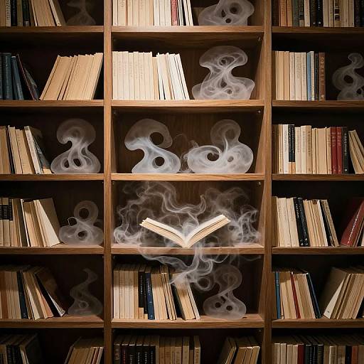 Photograph of a wooden bookshelf filled with various books, with ethereal white smoke swirling around a single open book in the center.