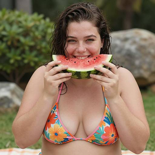 Curvy Woman Enjoying Watermelon Outdoors