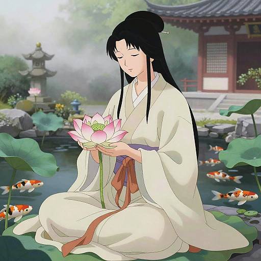 Serene Lotus Priestess in Misty Garden
