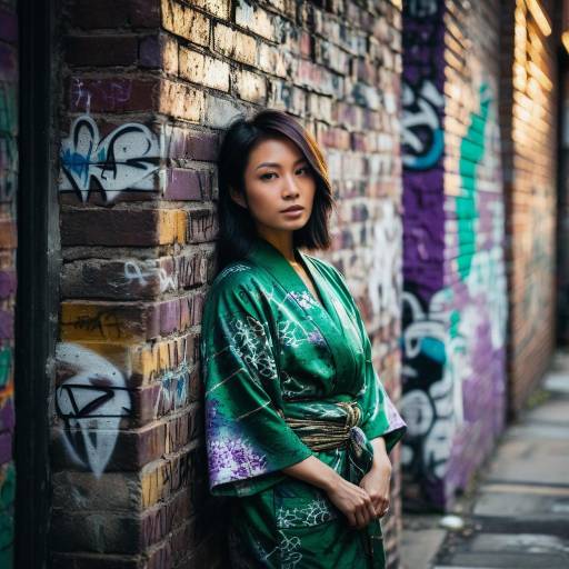Asian Woman in Green Kimono Urban Alley