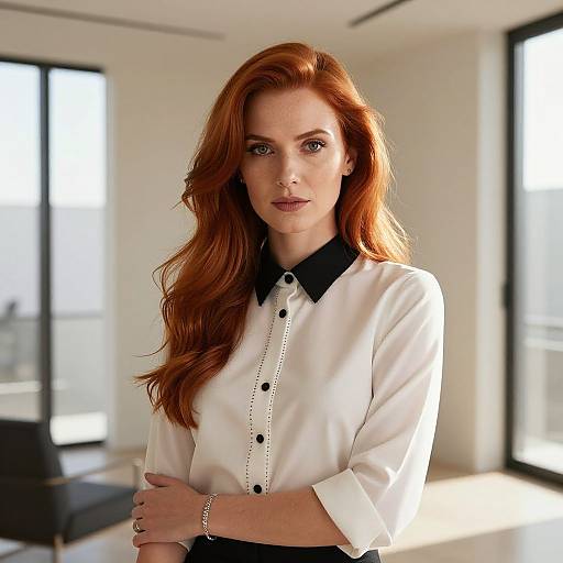 Photograph of a redheaded woman with long, wavy hair, wearing a white blouse with black collar and buttons, standing in a bright, modern