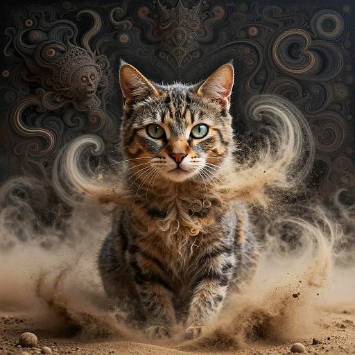 Photorealistic digital art of a fierce, green-eyed tabby cat with swirling smoke and dust around, set against a dark, ornate patterned