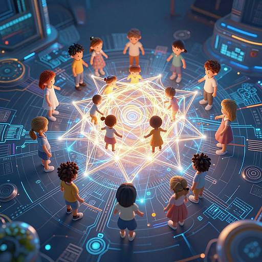 Digital CGI image of twelve cartoon children with diverse hair colors and styles, standing in a circle around a glowing, magical star-shaped light on a futuristic,